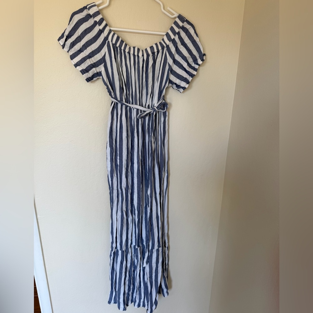 Isabel Maternity by Ingrid & Isabel Navy and White Striped Off-Shoulder Dress